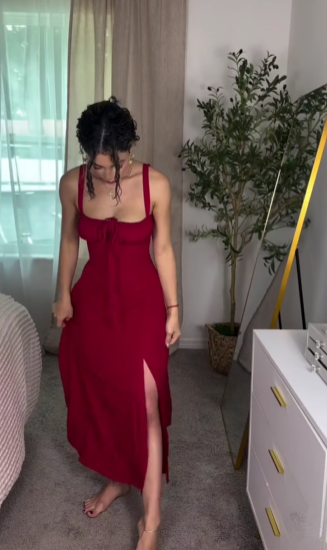 Elegant Burgundy Satin Slit Party Dress,A-Line Slit Sleeveless Evening Dress - View 6 | FashionDia