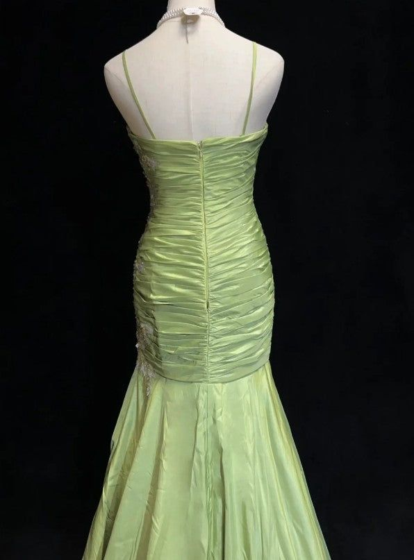 Gorgeous Green Mermaid Satin Beaded Sequin Party Evening Dress,Spaghetti Strap Long Prom Dress