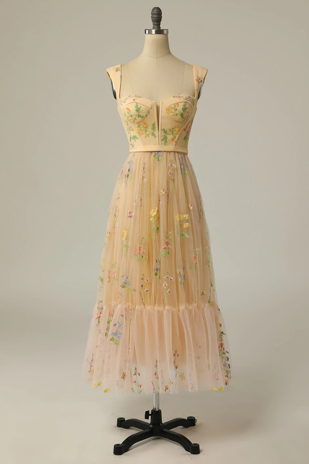 A-Line Sweetheart Champagne Long Prom Dress with Embroidery - View 3 | FashionDia