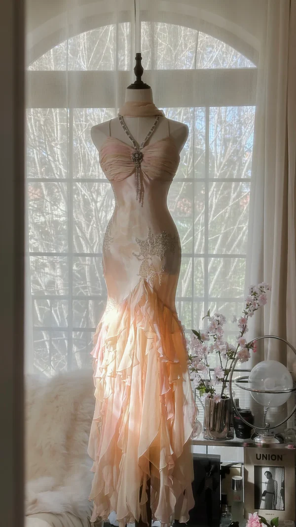 Charming Mermaid Beaded Ruffles Prom Dress,Chiffon Evening Dress - View 5 | FashionDia