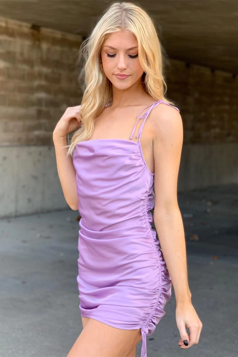 Tie Shoulder Lilace Pleated Homecoming Dress Party Dress - FashionDia