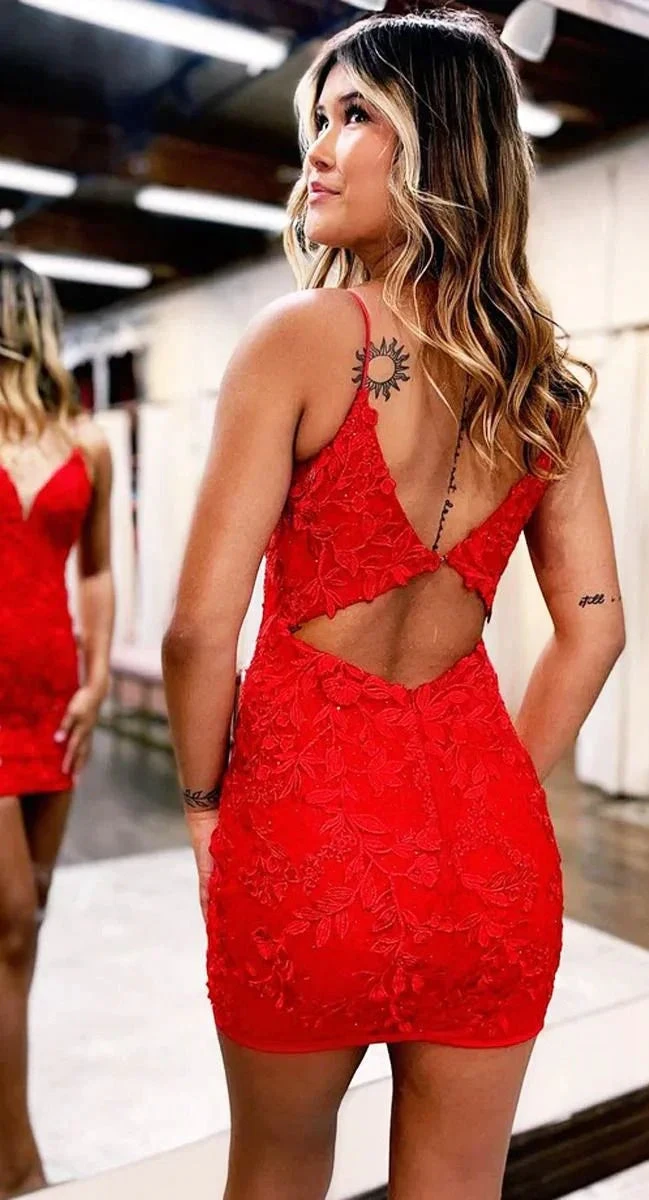 Red Lace Appliques Homecoming Dresses Tight Short Spaghetti Straps Dress for Teens Cocktail Gown (ZD12075)