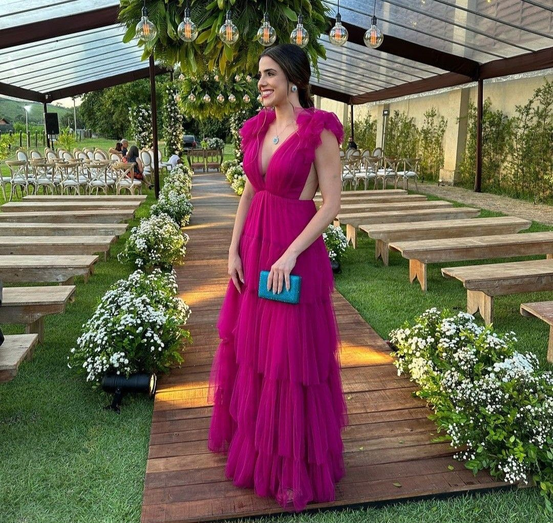 Deep V-Neck Tulle Evening Dress Women Pleated Sleeveless Tiered Elegant Wedding Guest Elegant Formal Party Gowns - FashionDia