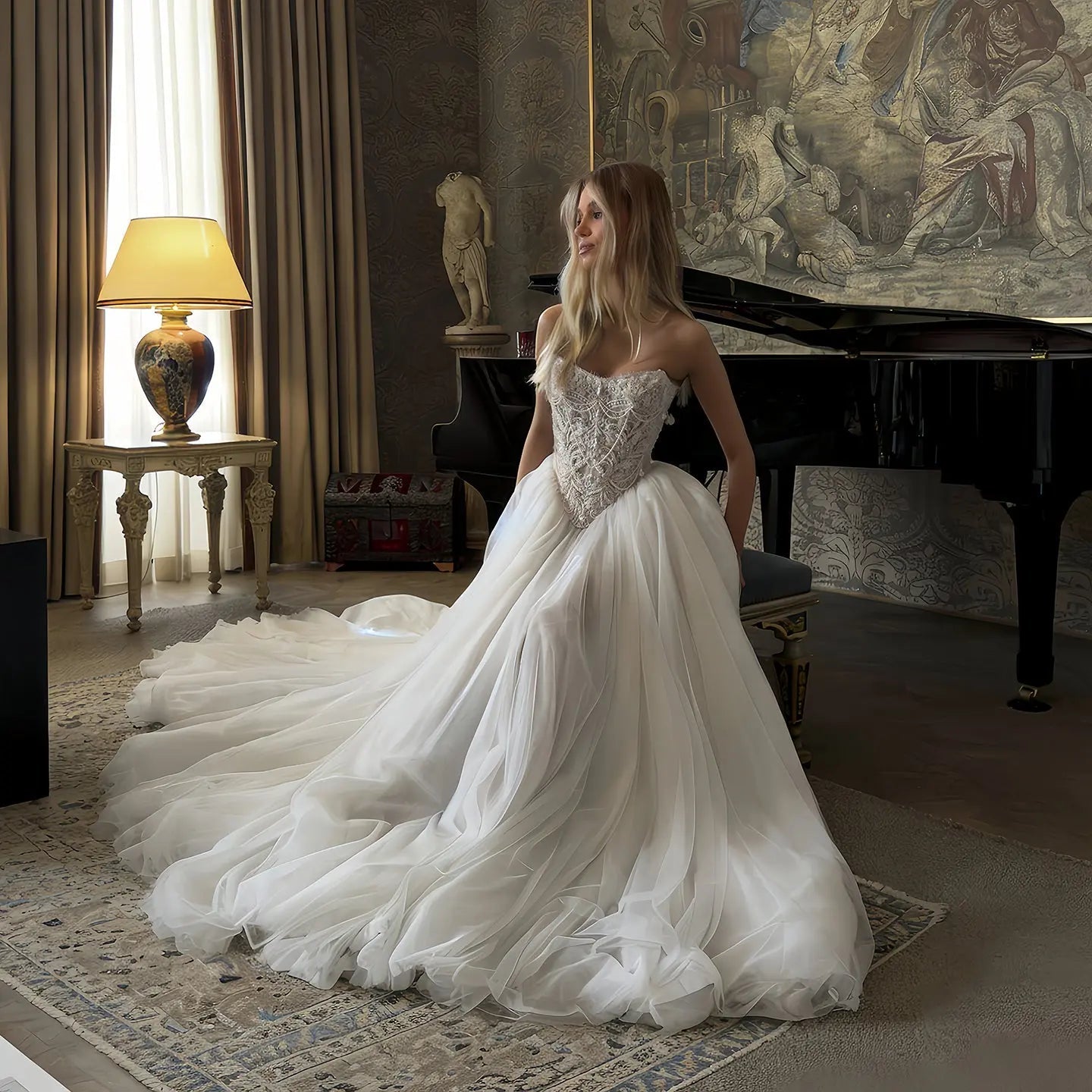 Elegant White Strapless Lace Corset Ball Gown Wedding Dress ZP100