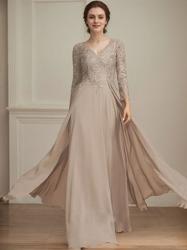 A-line V-Neck Floor-Length Lace Chiffon Mother of the Bride Dress With Sequins - FashionDia
