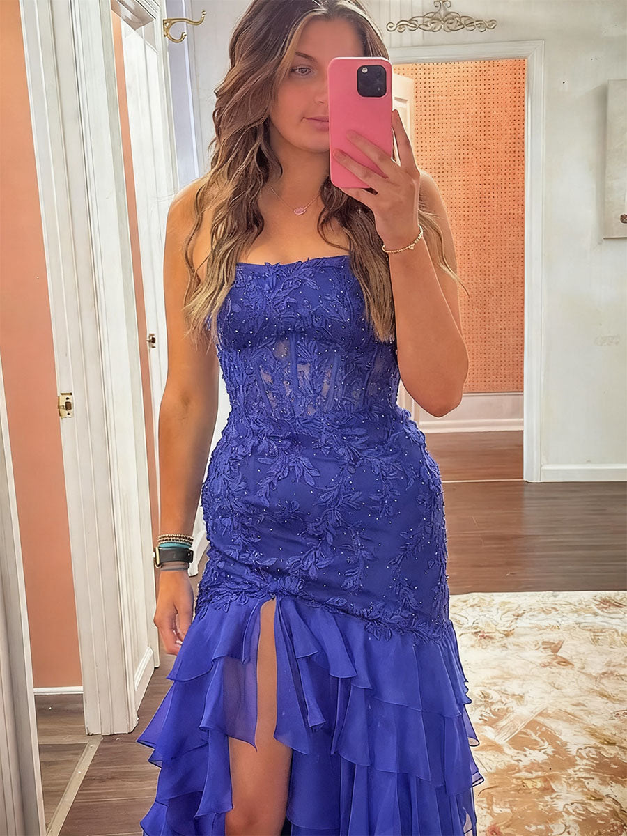 Strapless Applique Ruffle Mermaid Long Prom Dress with Slit
