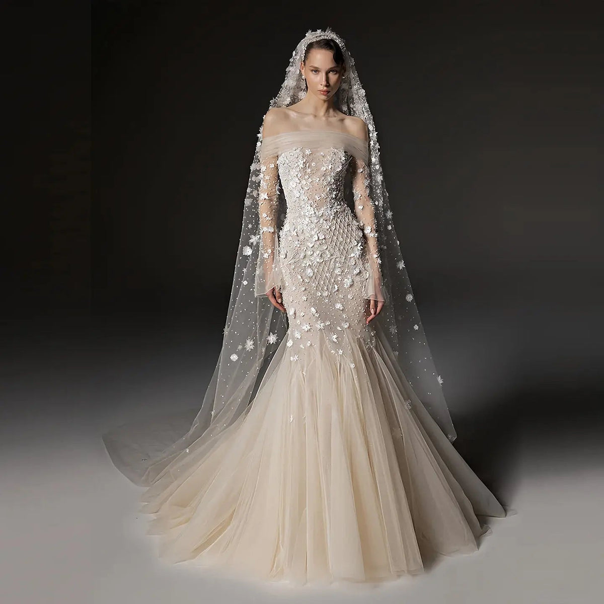 Glamorous Champagne Off-the-Shoulder Beaded Floral Mermaid Wedding Dress with Veil ZP078