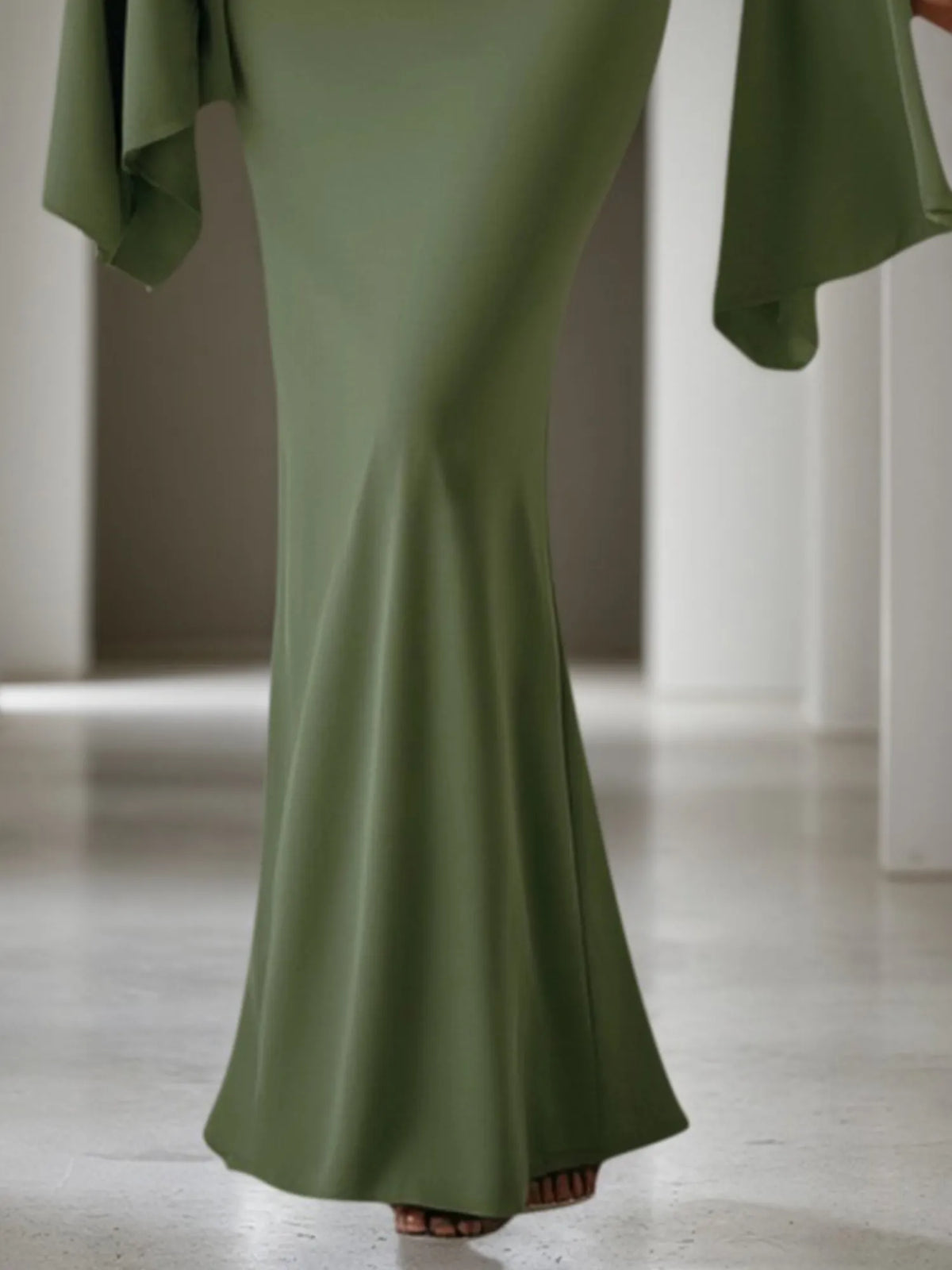 Formal Evening Dress Green Off-the-Shoulder Maxi Long Sleeve Dress - View 3 | FashionDia