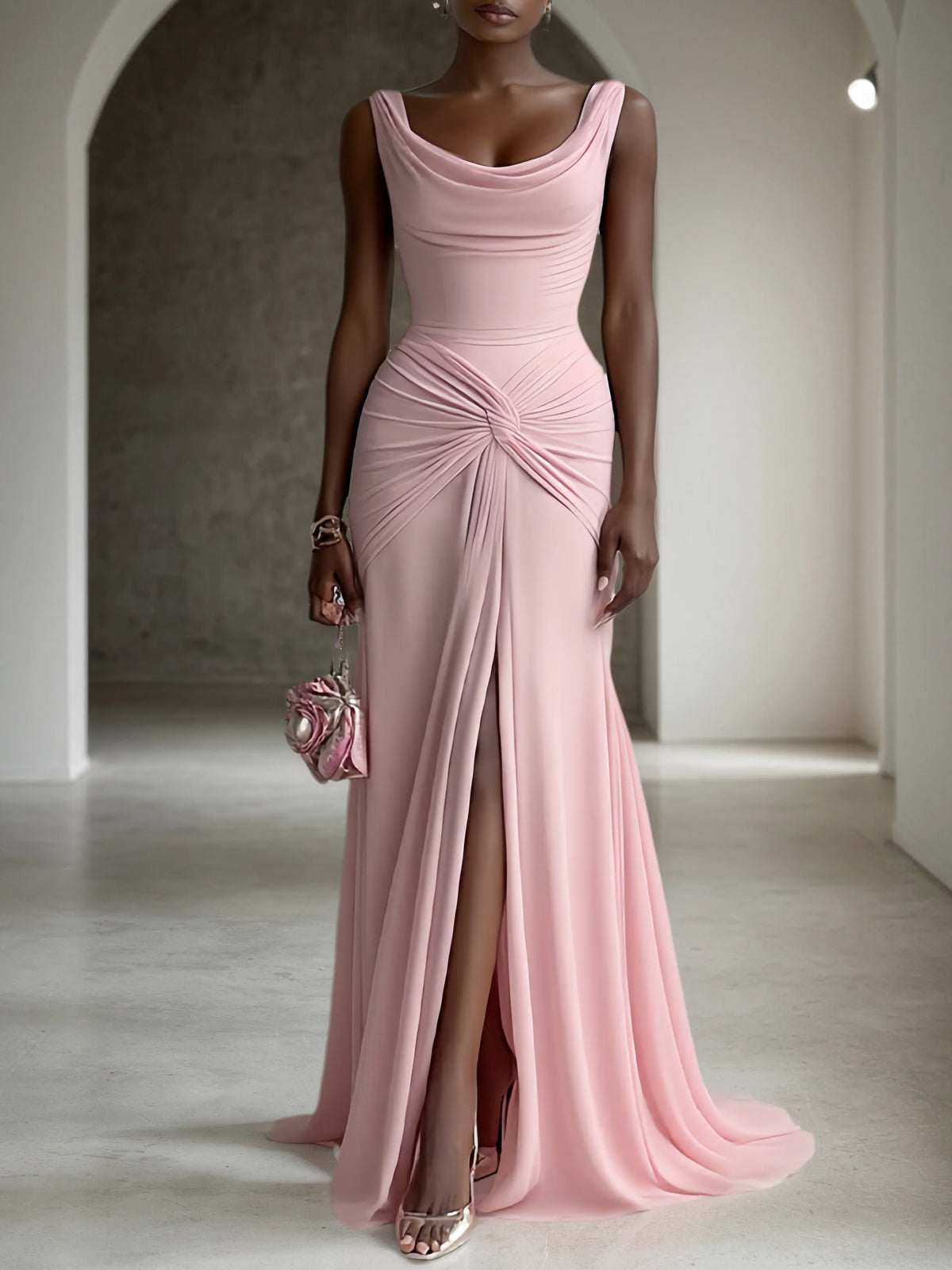 Pink Ruched Slit Formal Dress Cowl Neck Sleeveless A-Line Gown Dress - FashionDia