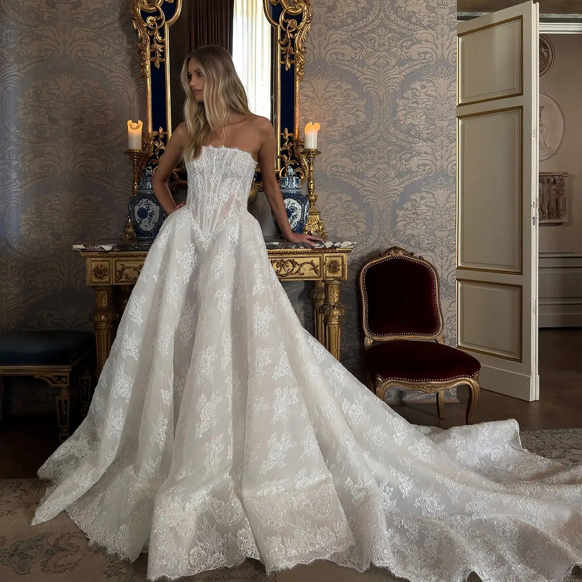 Regal White Strapless Sequin Sheer Lace Ball Gown Wedding Dress ZP097