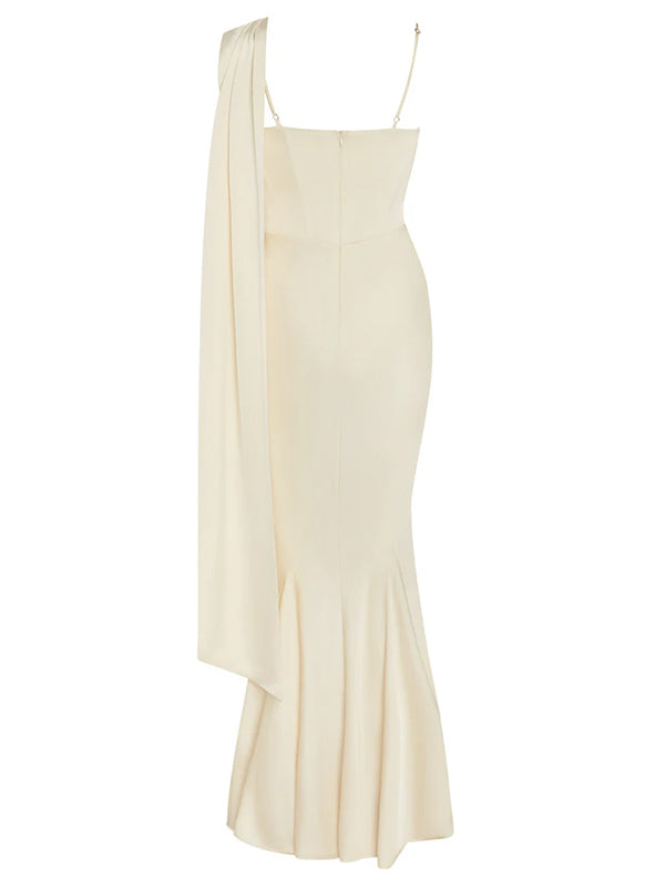 Ivory Satin Asymmetrical Neck Sleeveless Floor Length Dress With 3D Flower