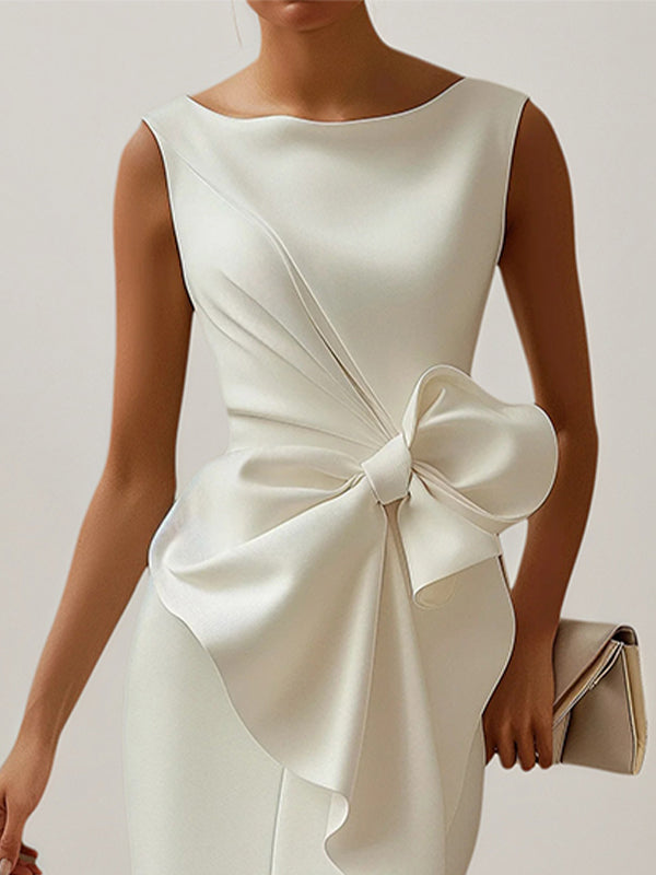 White Stretch Crepe Round Neck Sleeveless Knee Length Dress With Bow