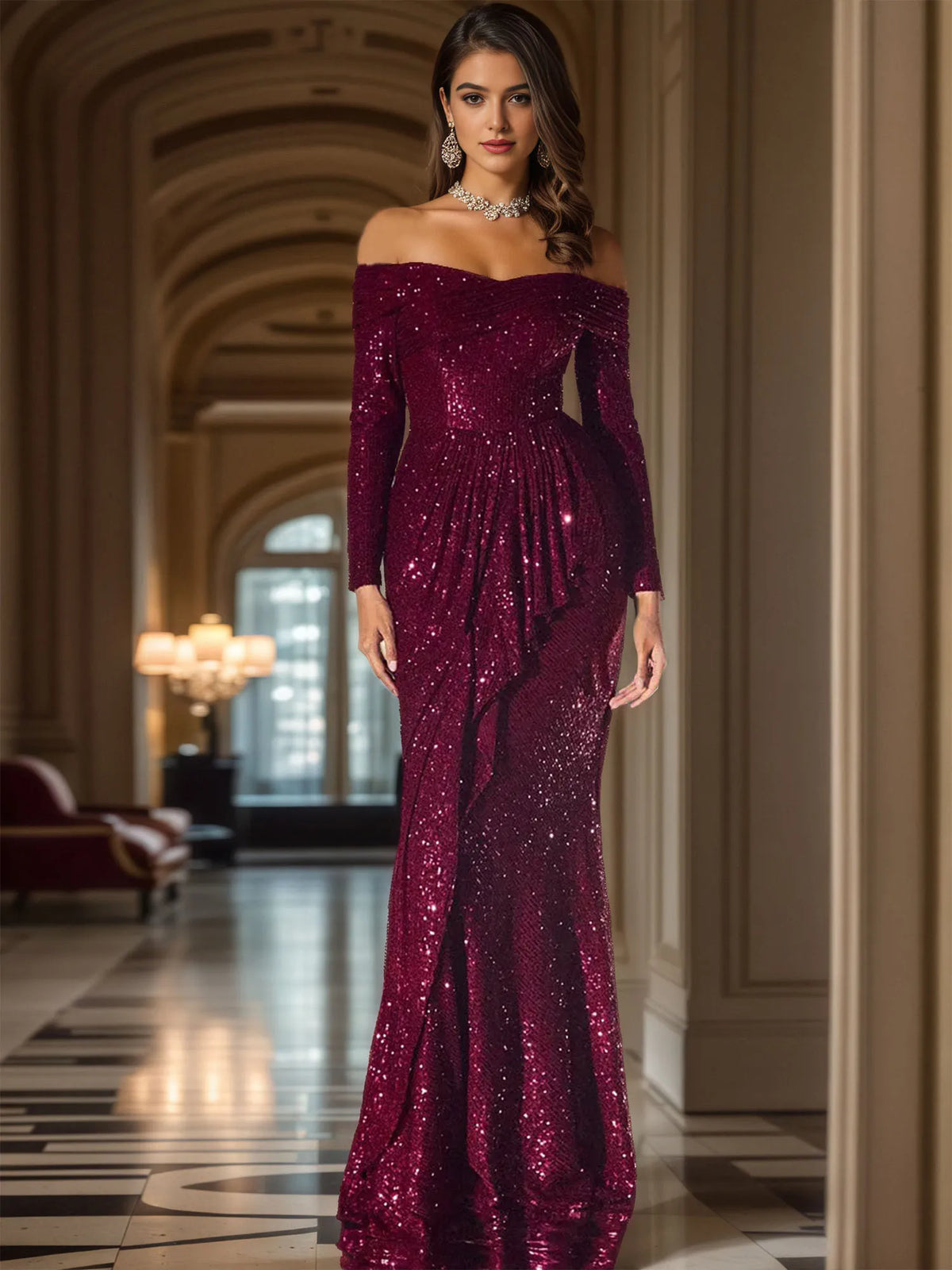 Off-Shoulder Long Sleeve Sequin Ruffled Mermaid Maxi Gown Formal Evening Dress - View 5 | FashionDia