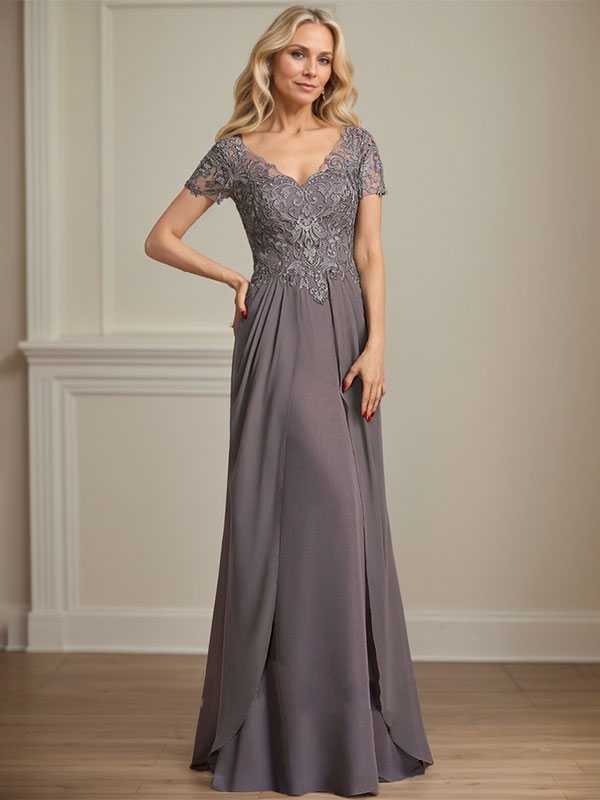 A-line V-Neck Floor-Length Chiffon Lace Mother of the Bride Dress - FashionDia