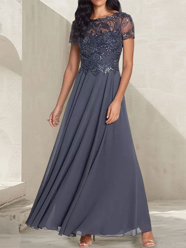 Charcoal Grey A-Line Scoop Long Mother of the Bride Dress With Beadings - FashionDia