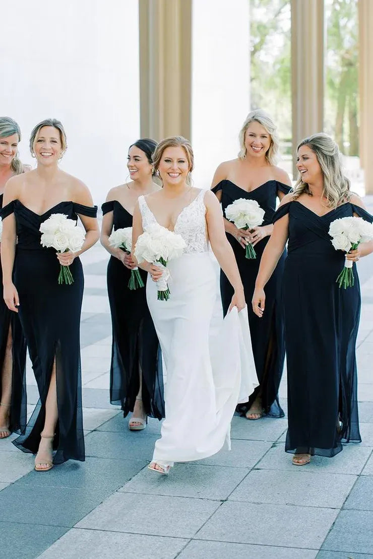 Black Mermaid Off-Shoulder Side Slit V-Neck Chiffon Long Bridesmaid Dress