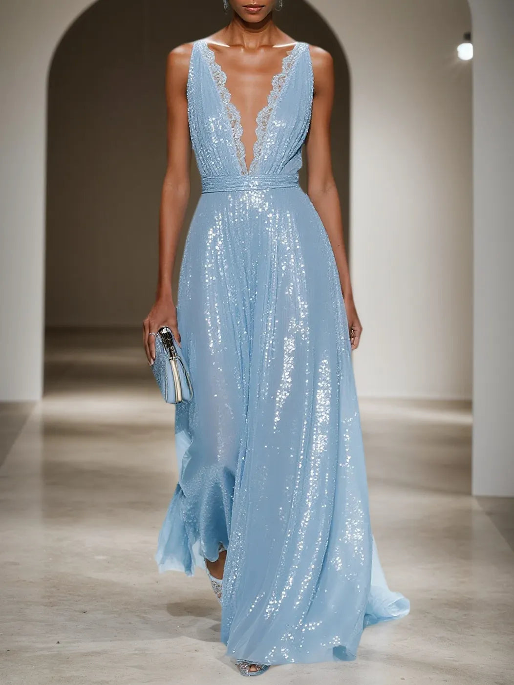 Light Blue Lace Sequin V Neck Sleeveless A-Line Maxi Dress - VelvetHem