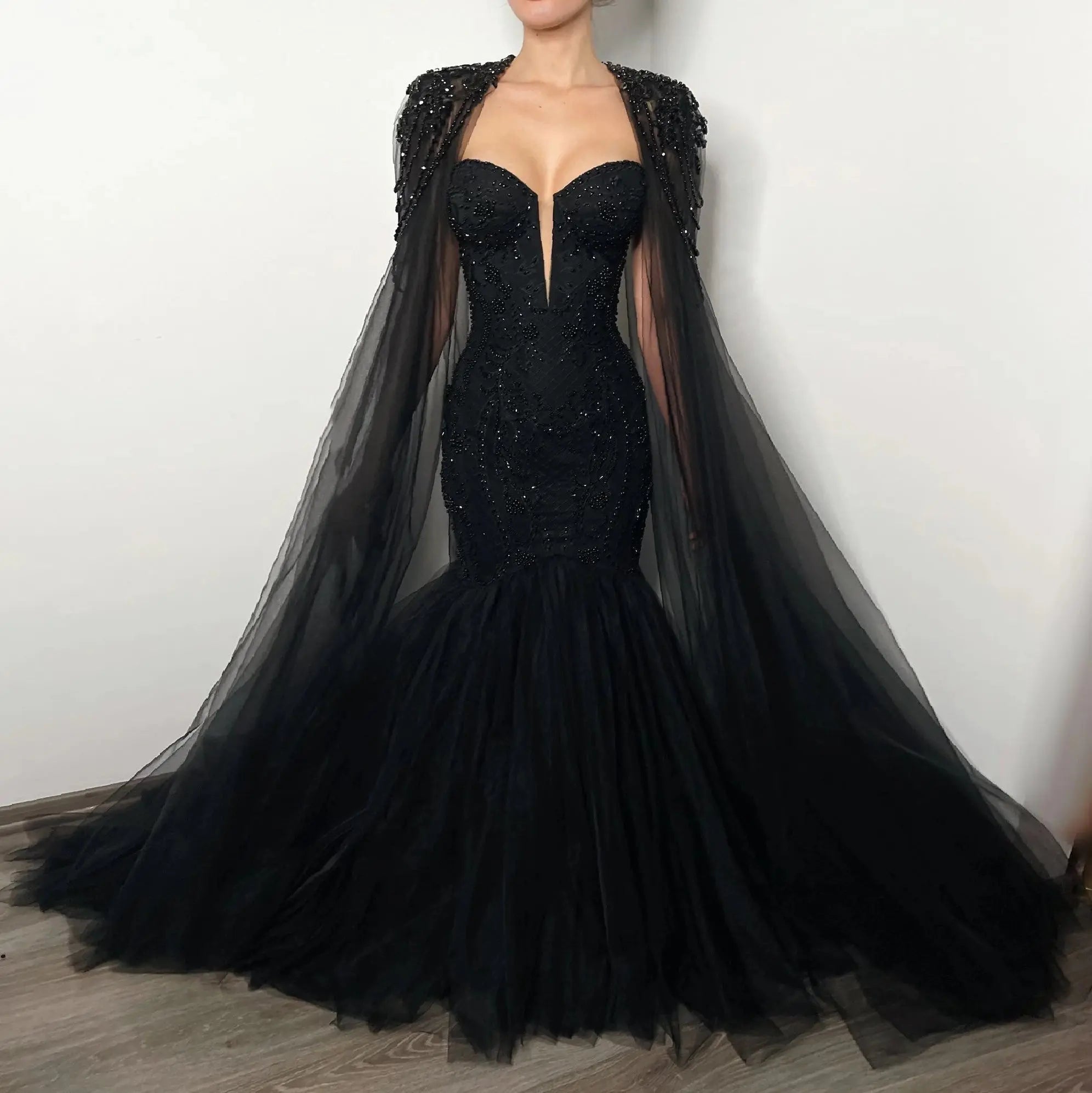 Black Luxury Gothic Wedding Dress Mermaid Beaded Lace Tassel Cape ZP196