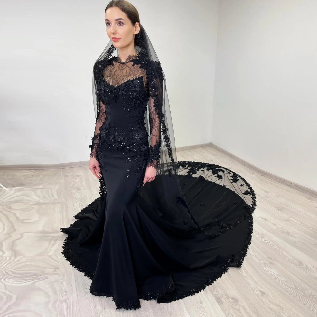 Black Luxury Gothic Wedding Dress Mermaid 3D Floral With Lace Edge Train ZP194