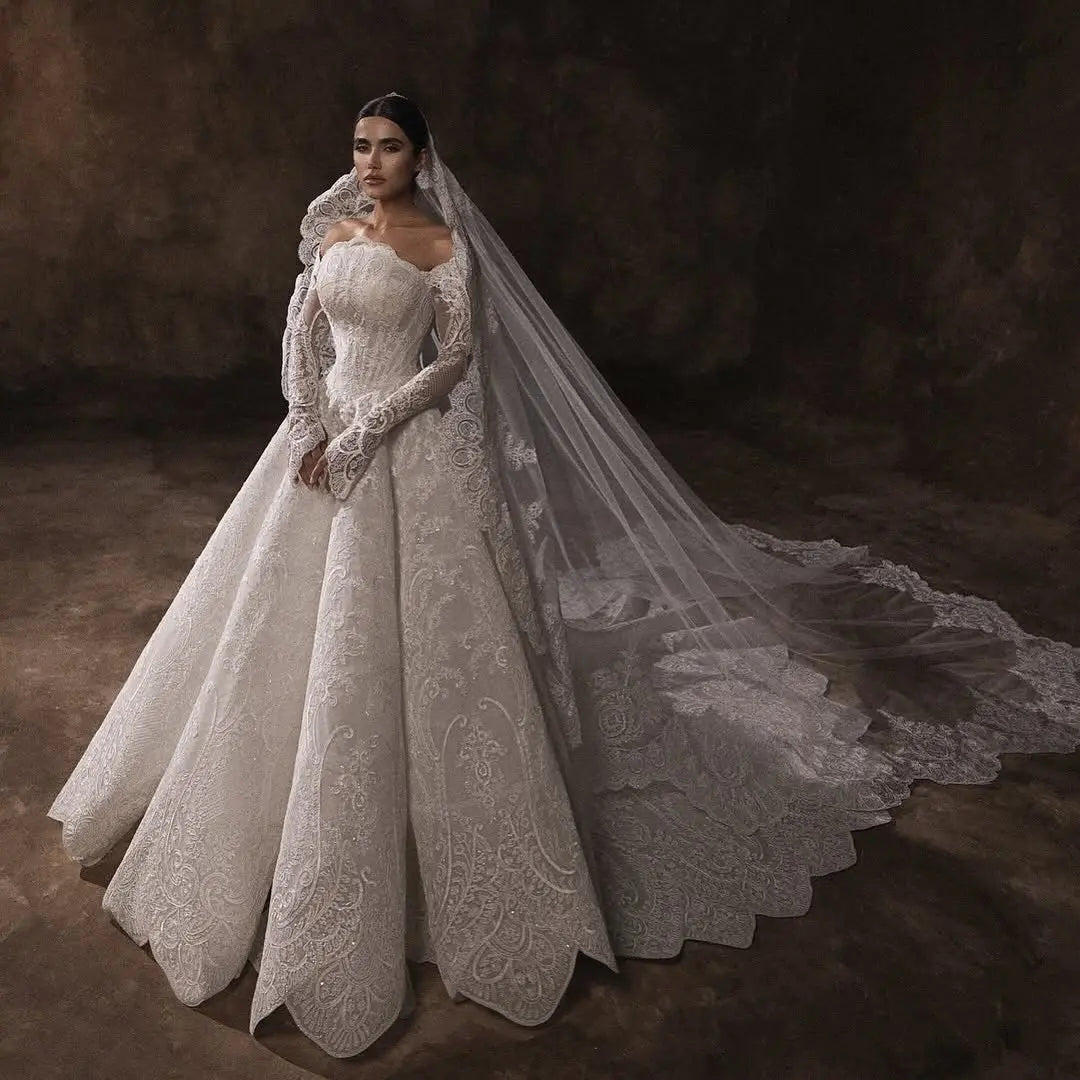 Luxury White Lace Long Sleeve Fitted Train Wedding Dress with Veil ZP155