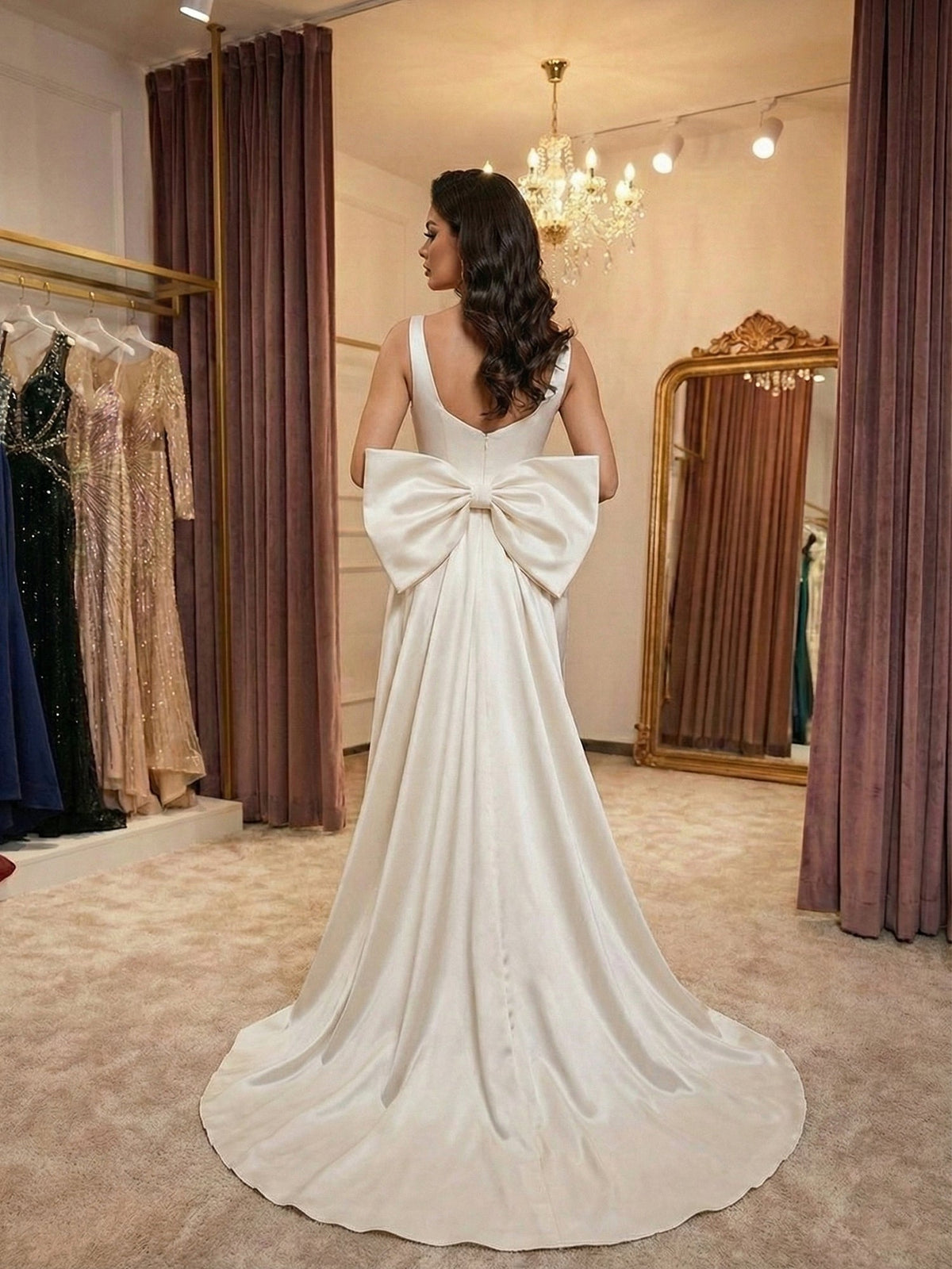 Ivory Grace Satin Square-Neck Prom Dress with Side Bow - View 2 | FashionDia