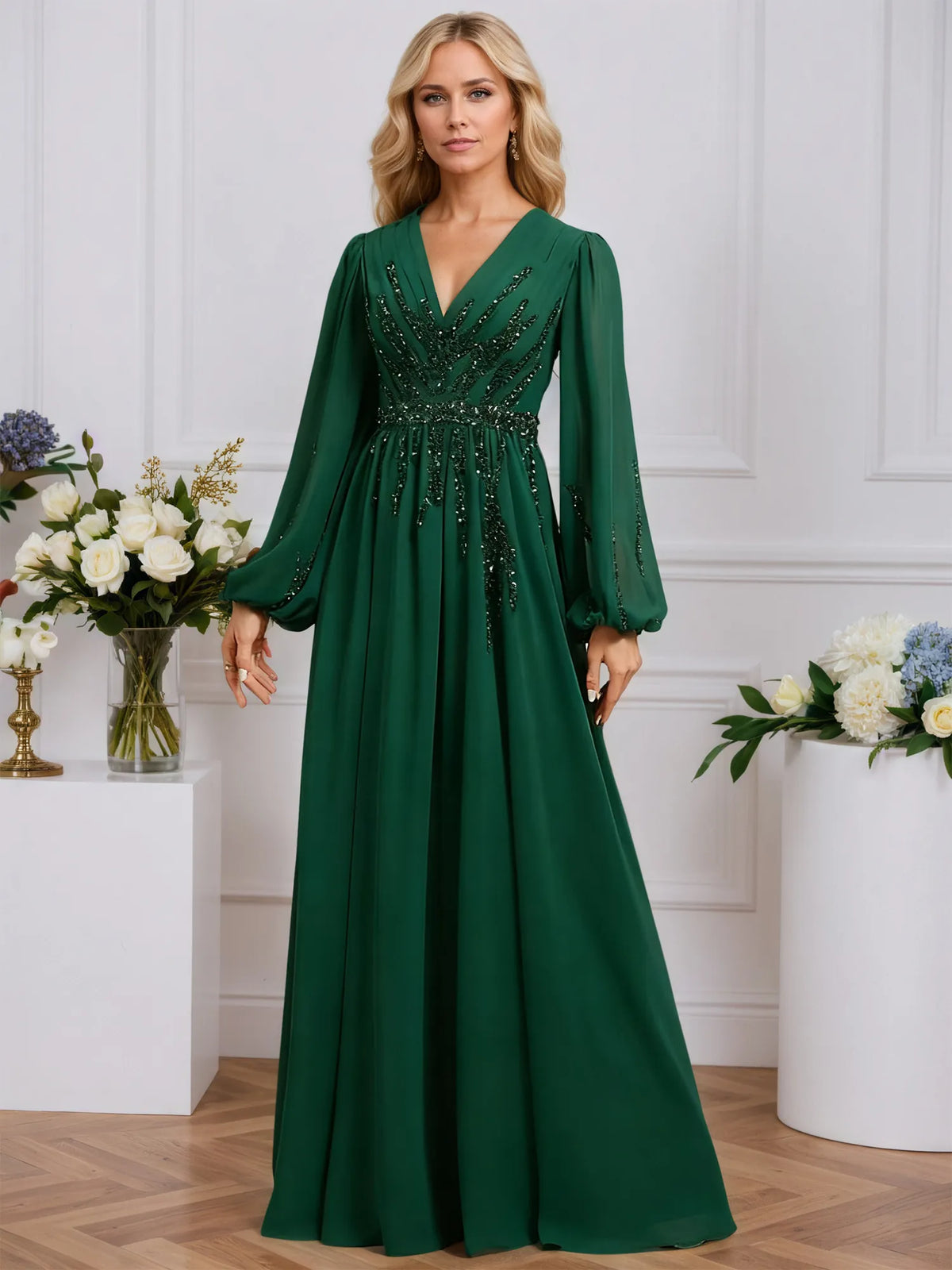 A-line V-Neck Floor-Length Chiffon Evening Dress With Pleated Sequins Beading - FashionDia