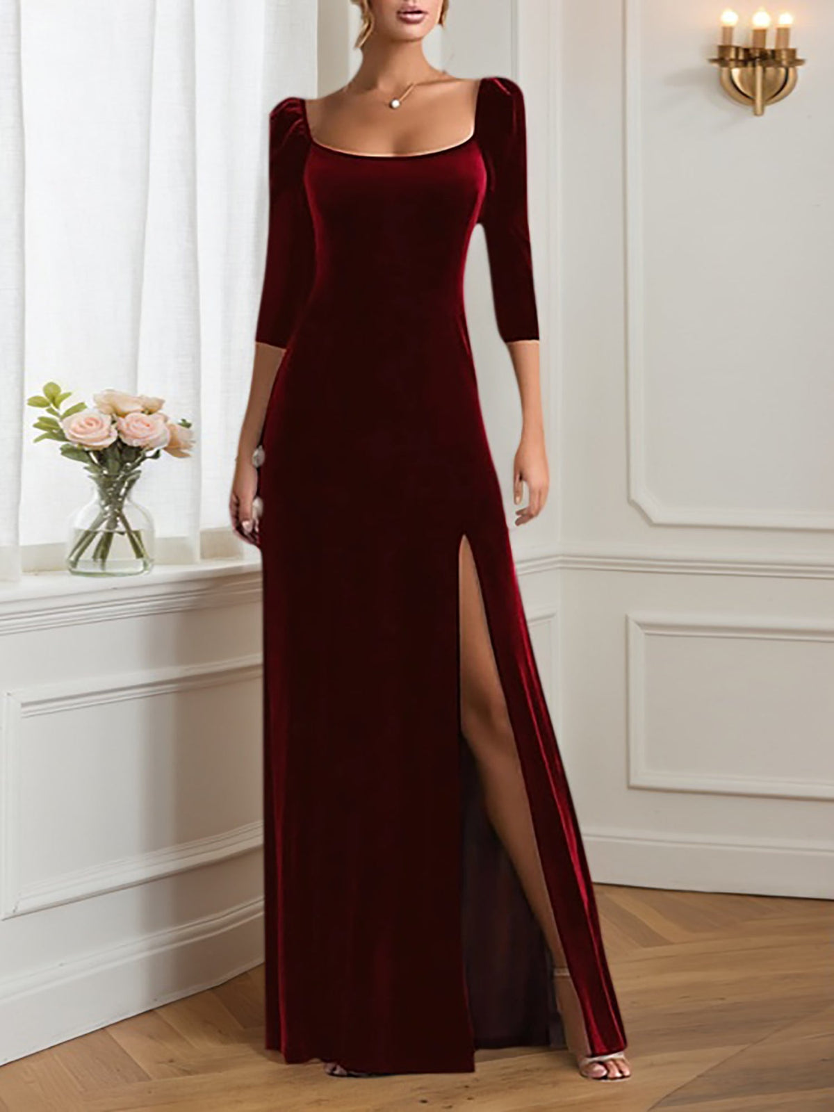 Formal Velvet Dress Burgundy Square Neck Maxi Mother of the Bride Dress - FashionDia