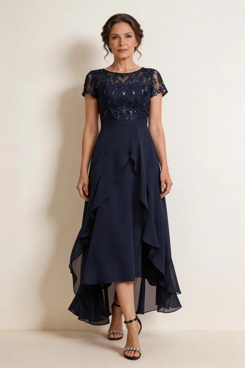 Navy Blue Lace Sequin Chiffon High-Low Mother of the Bride Dress with Ruffle by tangjianjun