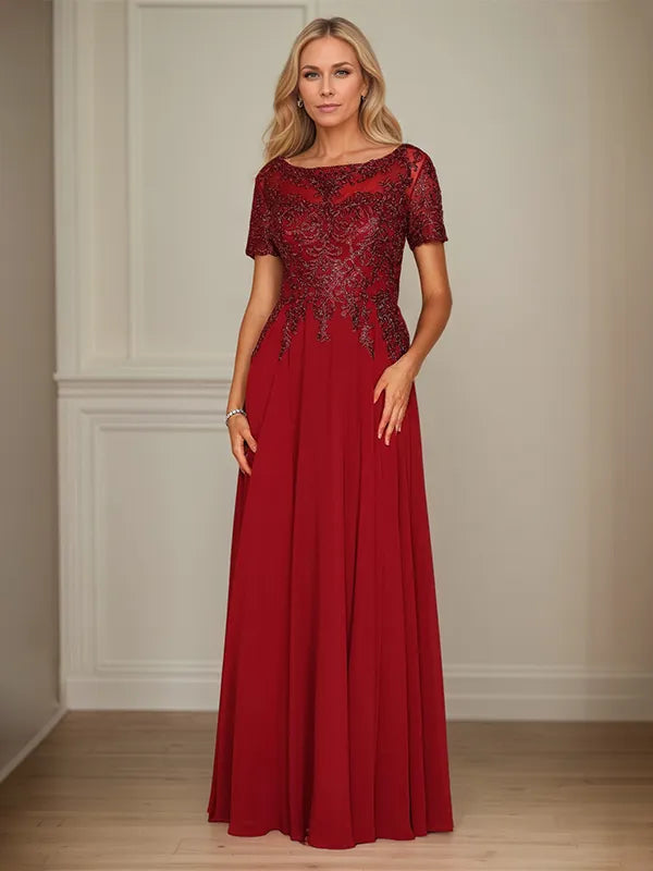 A-Line Chiffon Boat Neck Short Sleeves Floor-Length Mother of the Bride Dresses - FashionDia