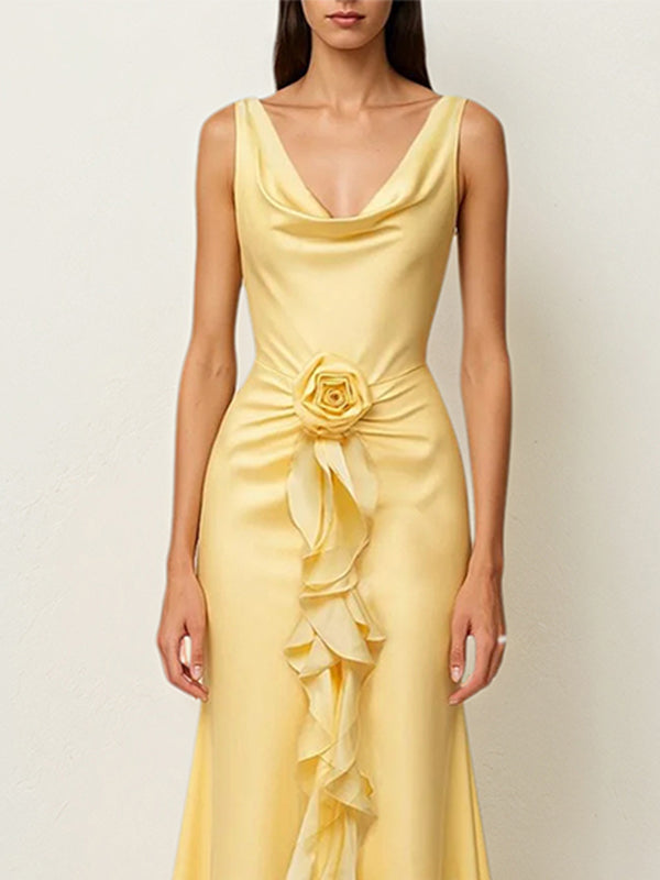 Yellow Satin Cowl Neck Sleeveless Floor-Length Dress With Floral Ruffled - View 2 | FashionDia