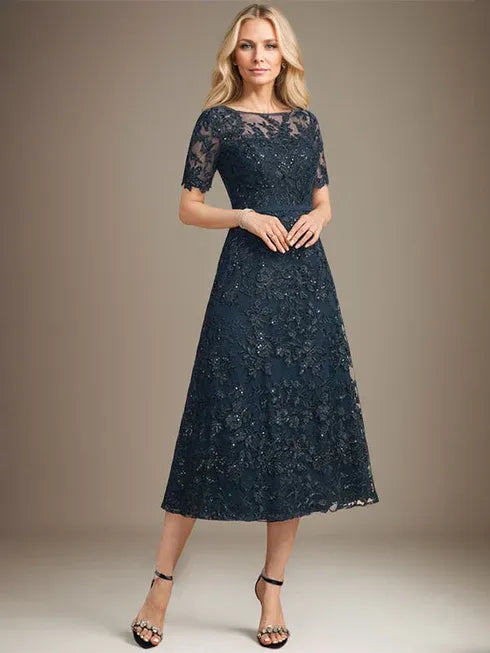 A-line Scoop Illusion Tea-Length Lace Mother of the Bride Dress With Sequins - VelvetHem