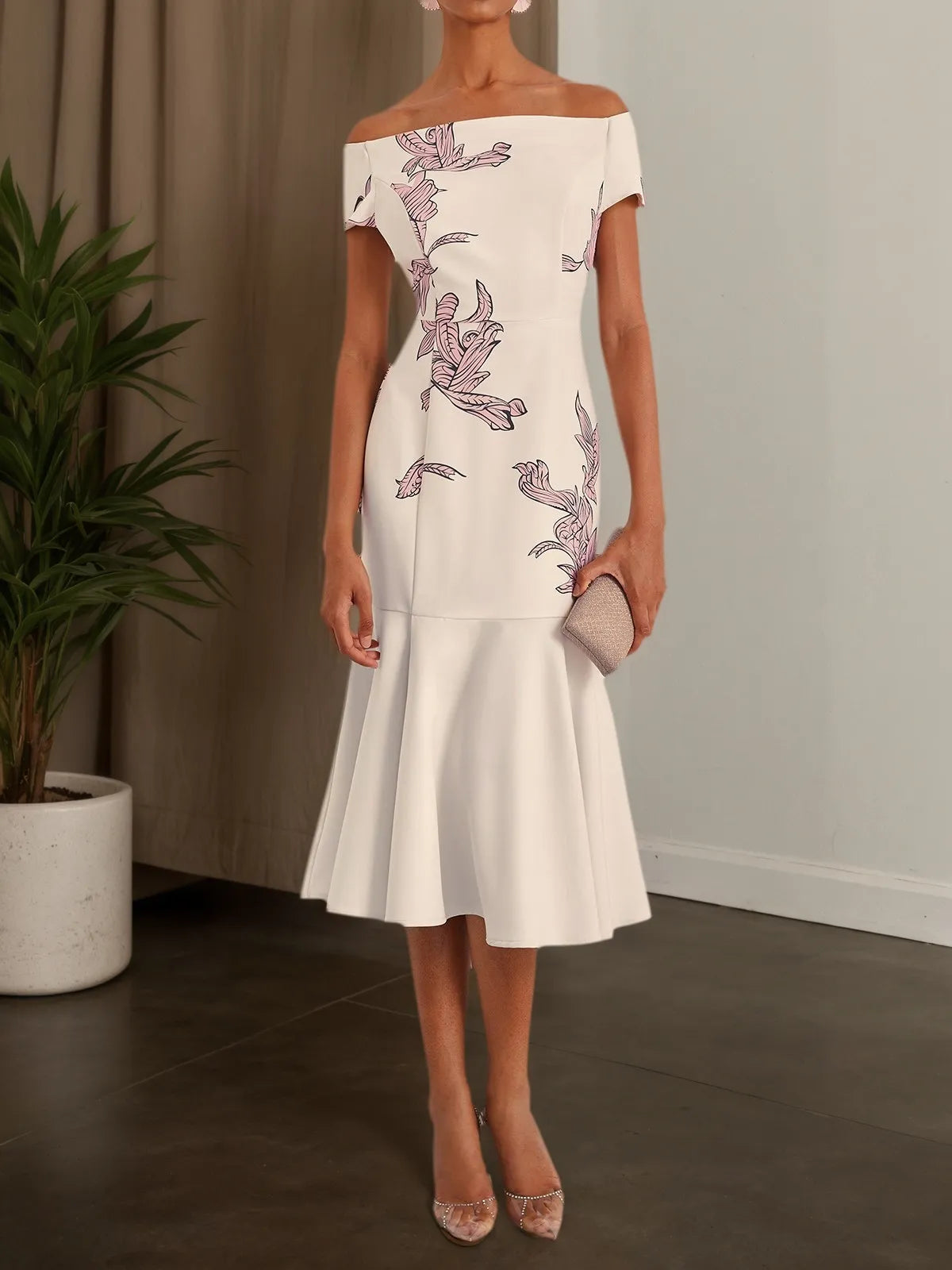 Apricot White Floral Off-the-Shoulder Mermaid Midi Dress - FashionDia