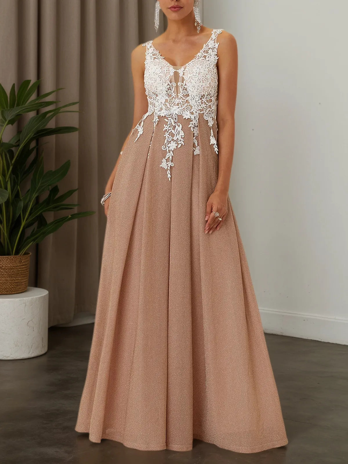 Apricot Lace Prom Dress V Neck Sleeveless A-Line Maxi Dress