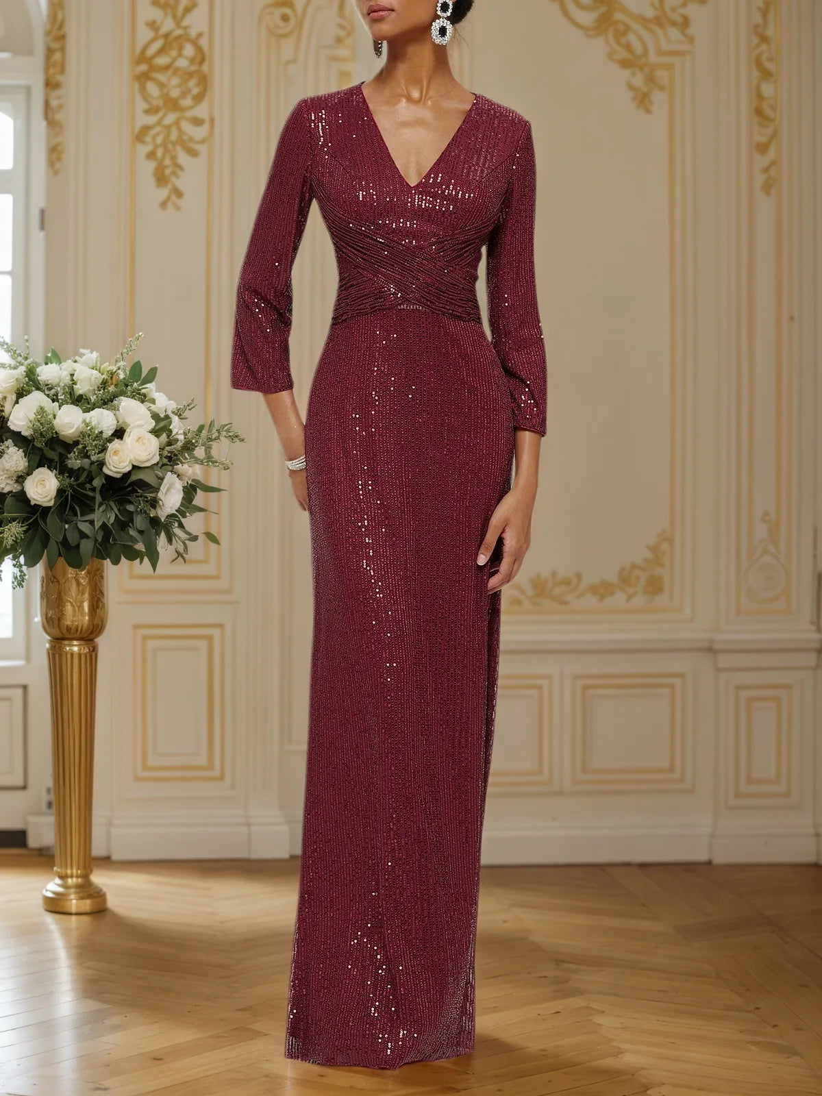Red Ruched Sequin V Neck Three Quarter Sleeve Sheath Maxi Dress - VelvetHem