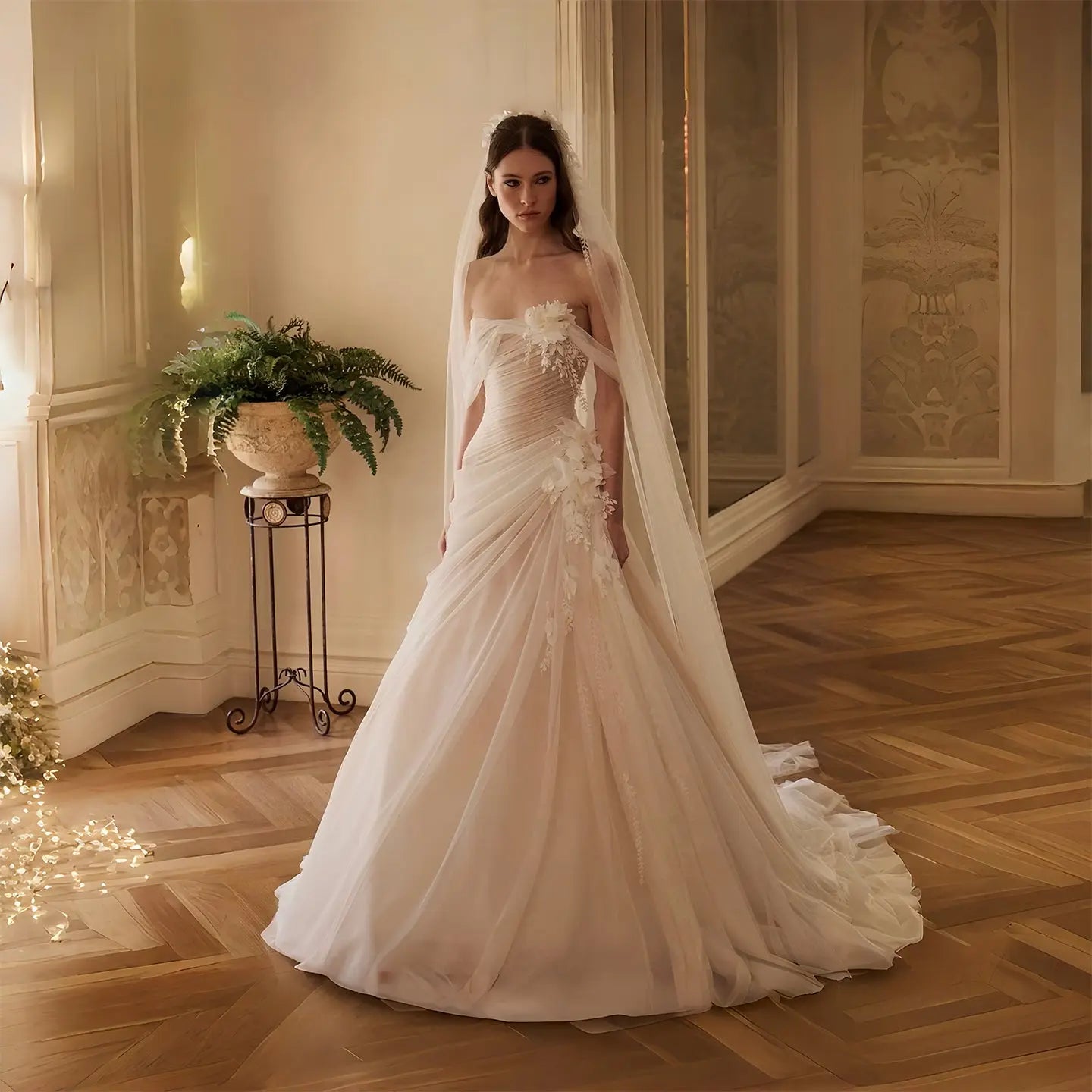 Dreamy Ivory Strapless 3D Floral Draped Wedding Dress with Veil ZP072
