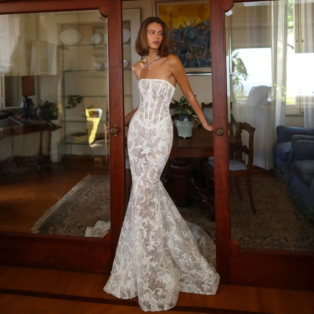 Vintage Ivory Lace Strapless Mermaid Wedding Dress ZP115