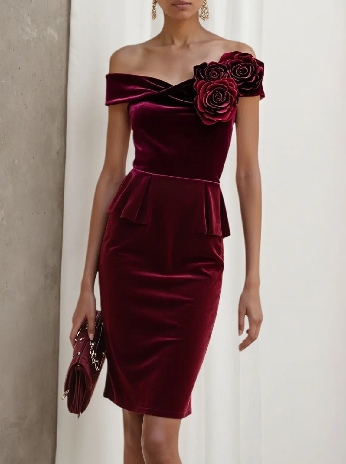Wine Red 3D Floral Peplum Velvet Off The Shoulder Short Sleeve Sheath Midi Dress