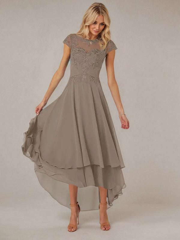 A-line Boat Neck Illusion Asymmetrical Chiffon Lace Mother of the Bride Dress With Applique Pleats - FashionDia
