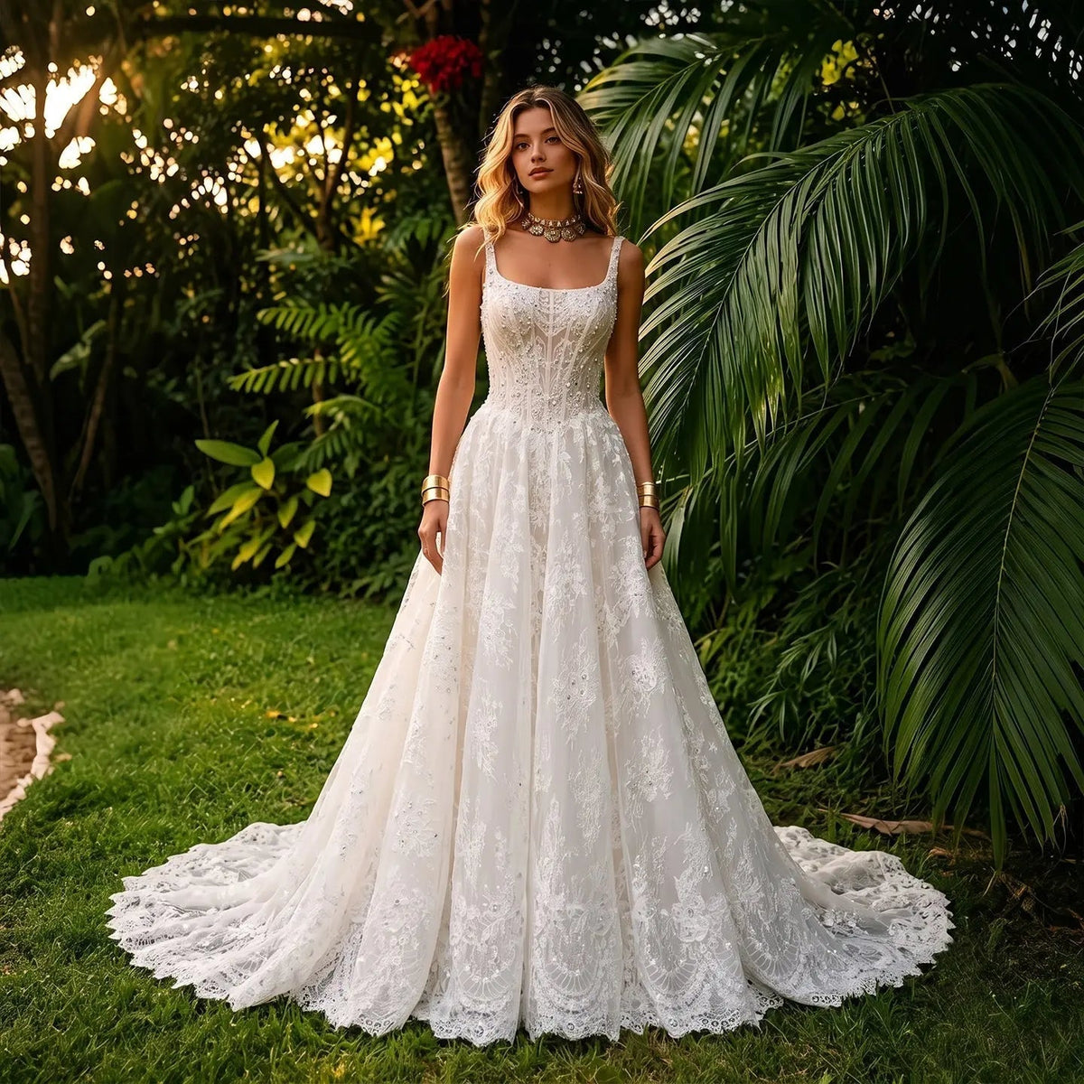 White Lace Spaghetti Strap Bridal Gown Square Neck Beaded Corset Ball Gown ZP012 - VelvetHem