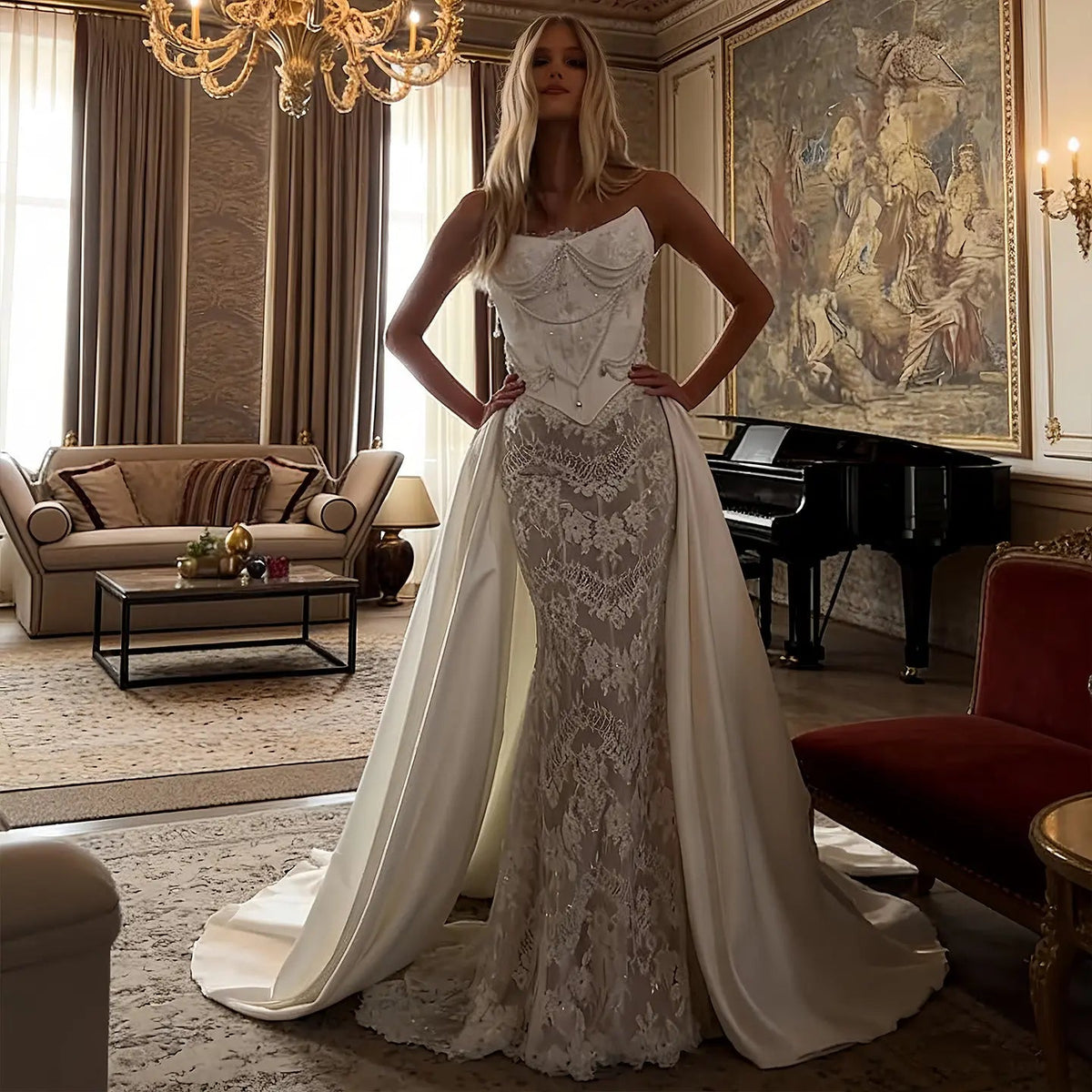 Elegant Ivory Strapless Beaded Corset Lace Mermaid Wedding Dress with Overskirt ZP101