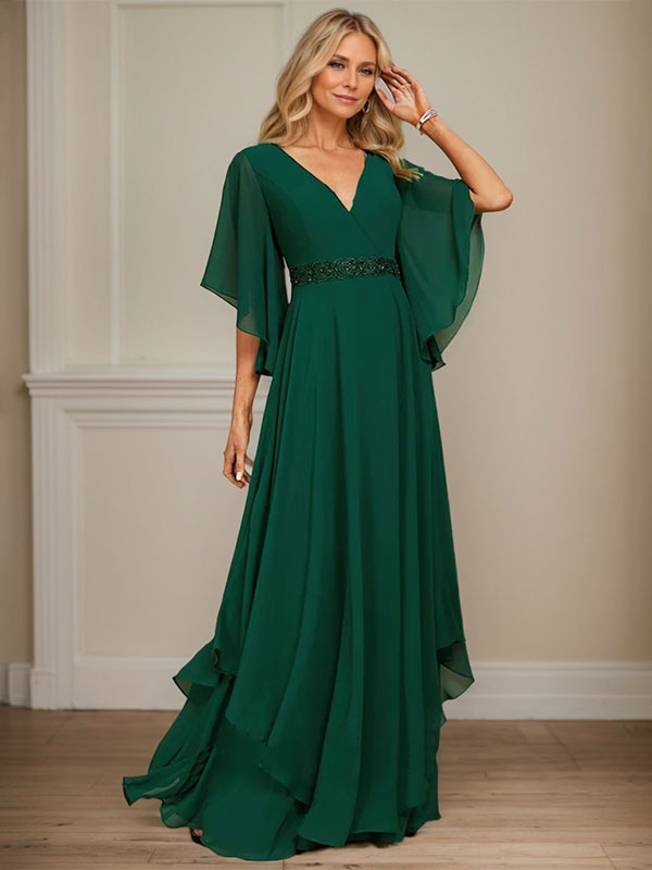 A-line V-Neck Floor-Length Chiffon Mother of the Bride Dress With Sequins Appliques Lace Beading - FashionDia
