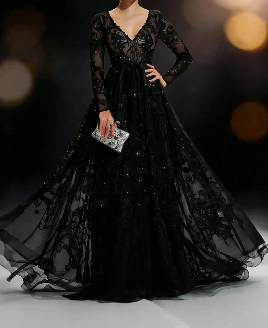 Black Lace Embroidery Long Sleeve Evening Gown V Neck Tulle Train Formal Dress (ZD16797)