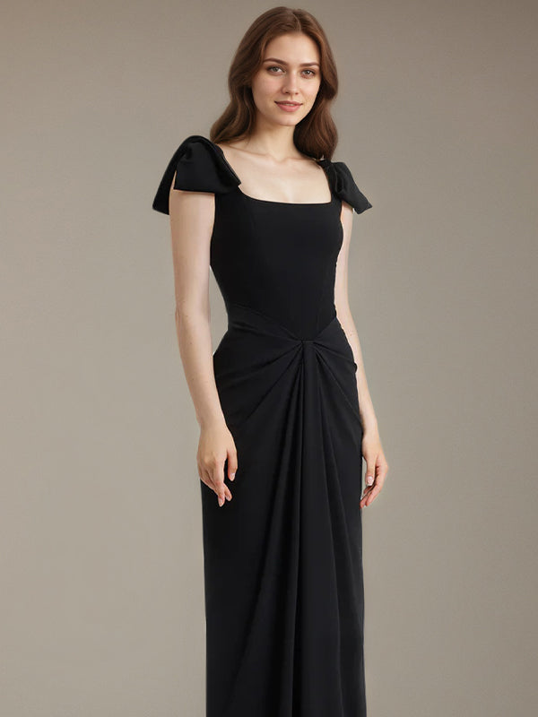 Black Stretch Crepe Square Neck Floor-Length Dress with Bow Sleeves - View 3 | FashionDia