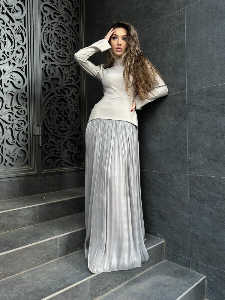 Color Block Splicing Slim Fit Lace-Up Long Sleeve Maxi Dress