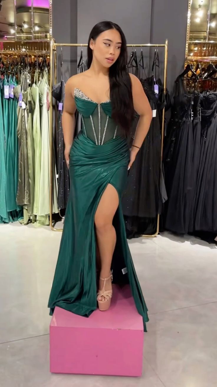 Dark Green Mermaid Strapless Long Corset Prom Dress with Beading - FashionDia