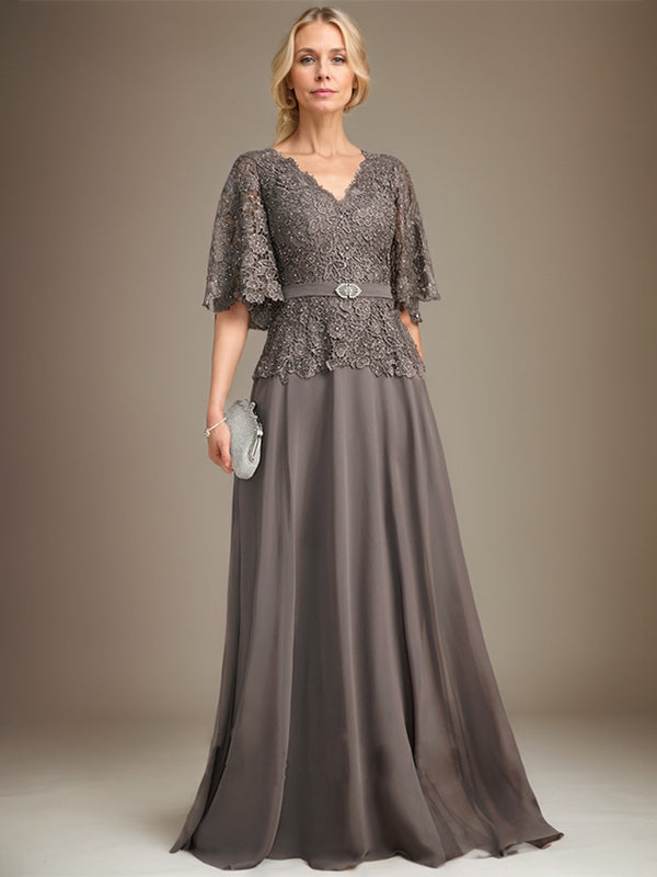 A-line V-Neck Floor-Length Chiffon Lace Mother of the Bride Dress With Crystal Brooch Rhinestone - FashionDia