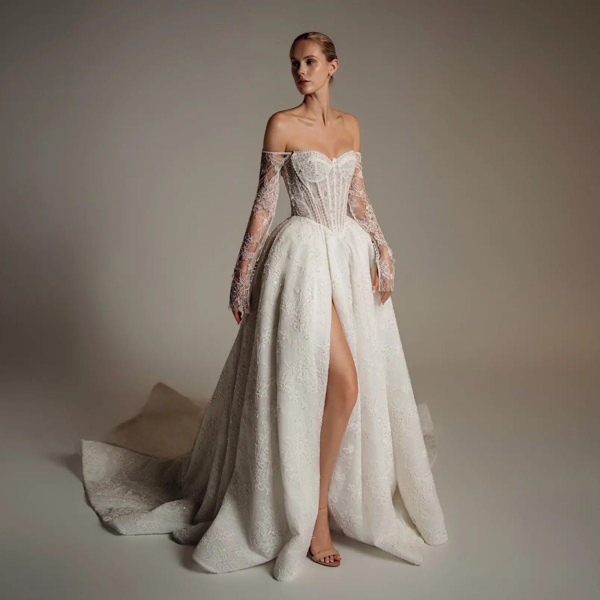 Luxury Ivory Strapless Lace High-Slit A-Line Wedding Dress ZP141