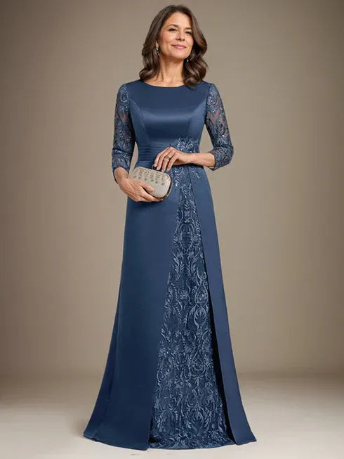 A-Line Scoop Floor-Length Lace Satin Mother Of the Bride Dress With Applique - FashionDia