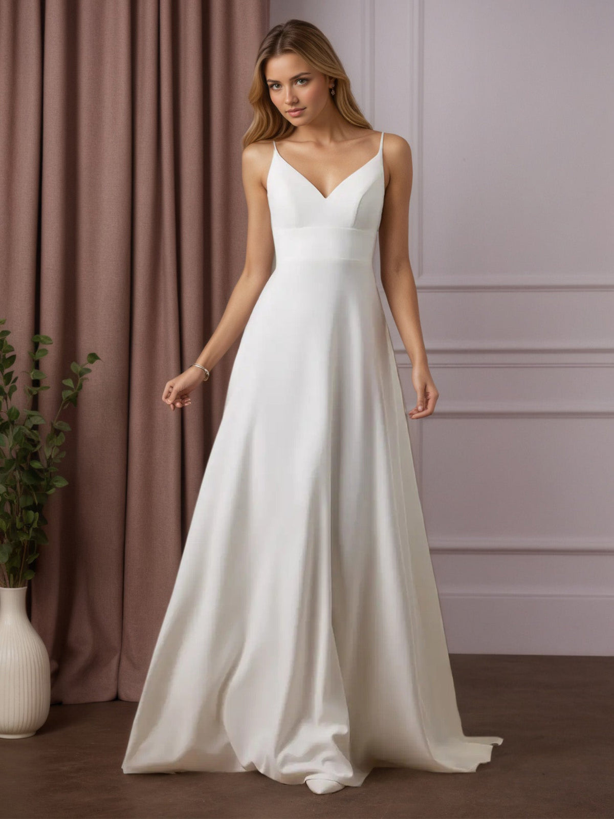 White A-Line V-Neck Sequins Stretch Crepe Wedding Dress - VelvetHem