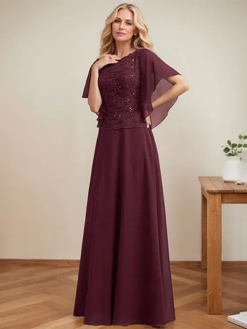 A-line Scoop Illusion Floor-Length Lace Chiffon Mother of the Bride Dress With Sequins - FashionDia